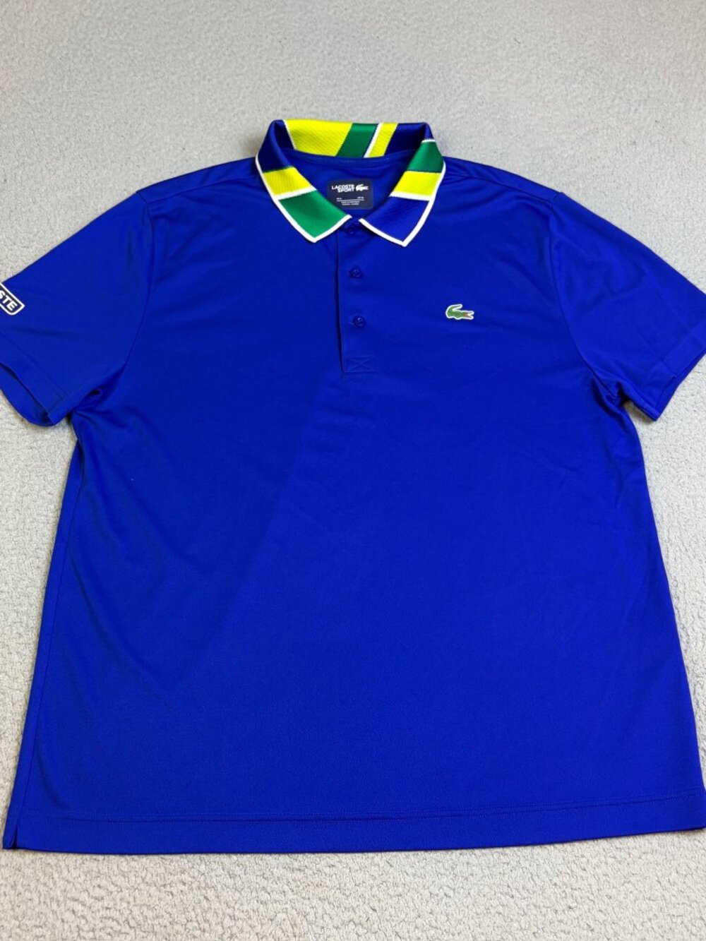 Lacoste Sport Polo Mens Size XL Blue Yellow Green Collar Logo Casual Golf